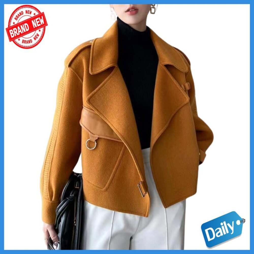 Cropped Wool Pea Coat Notched Lapel Open Front Trench Overcoat with Pockets